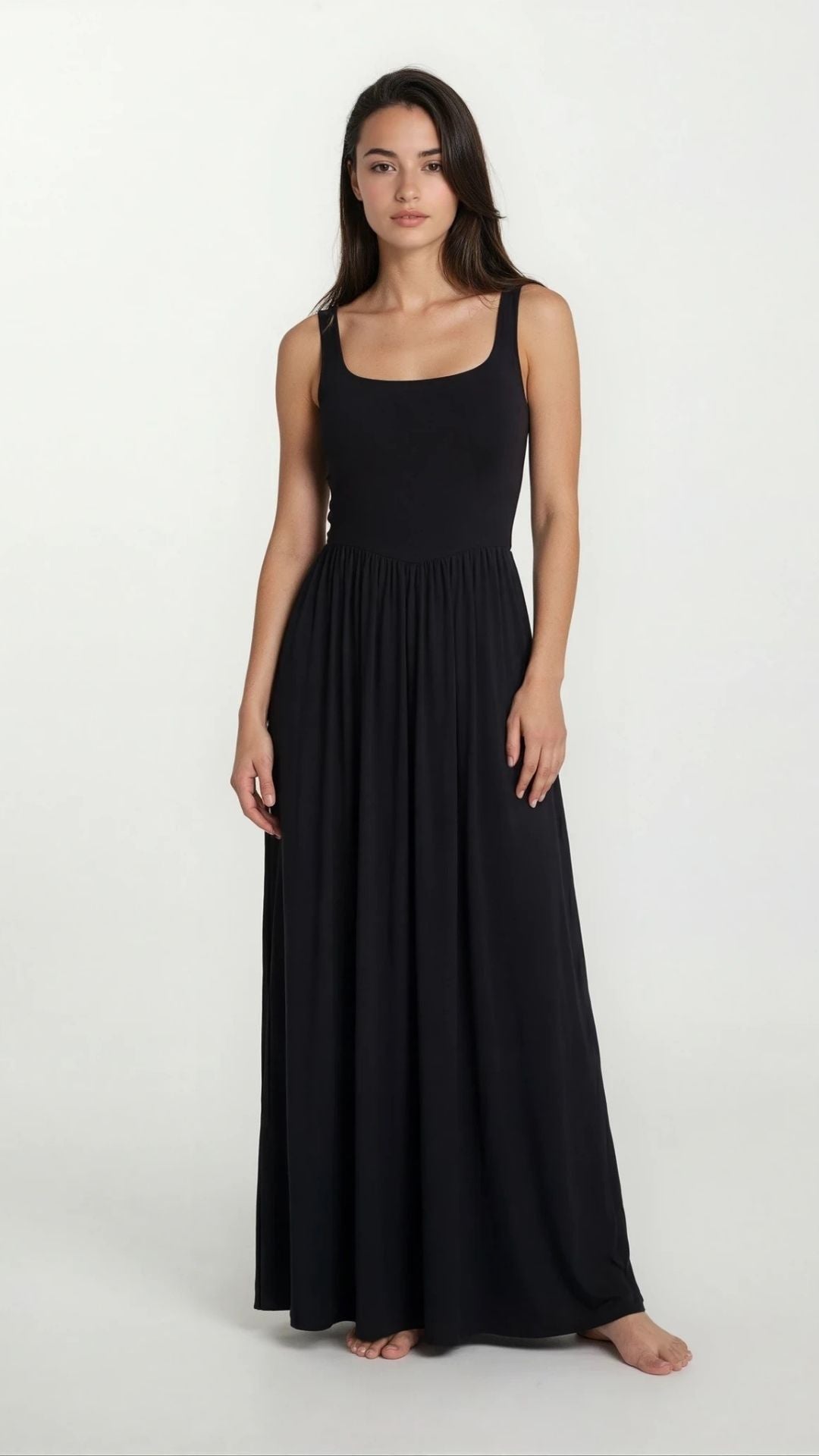 Dawn – Sleeveless Silky Jersey Flowing Maxi Dress In Black