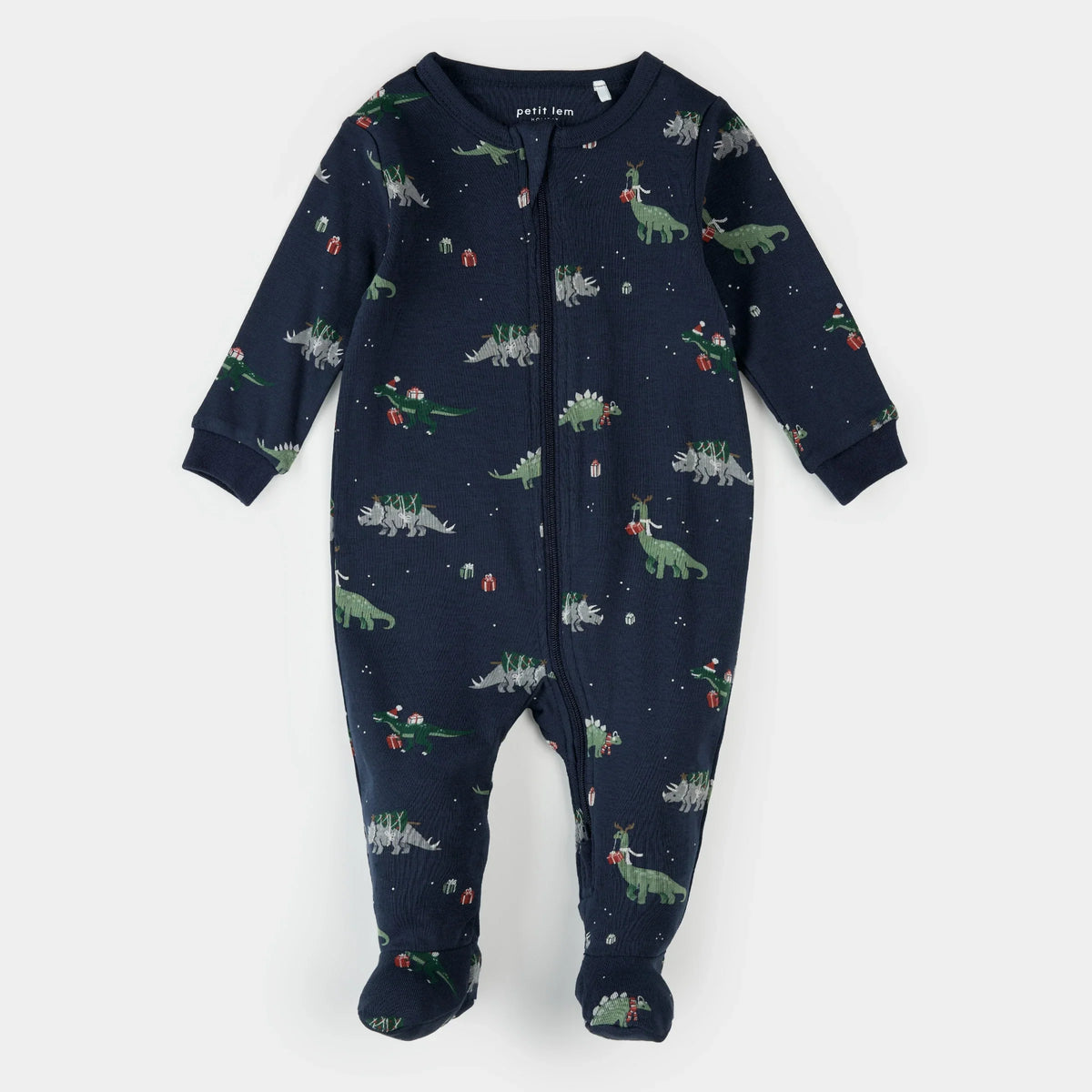 Footed Sleeper | Holiday Dinosaur Print on Navy | Petit Lem