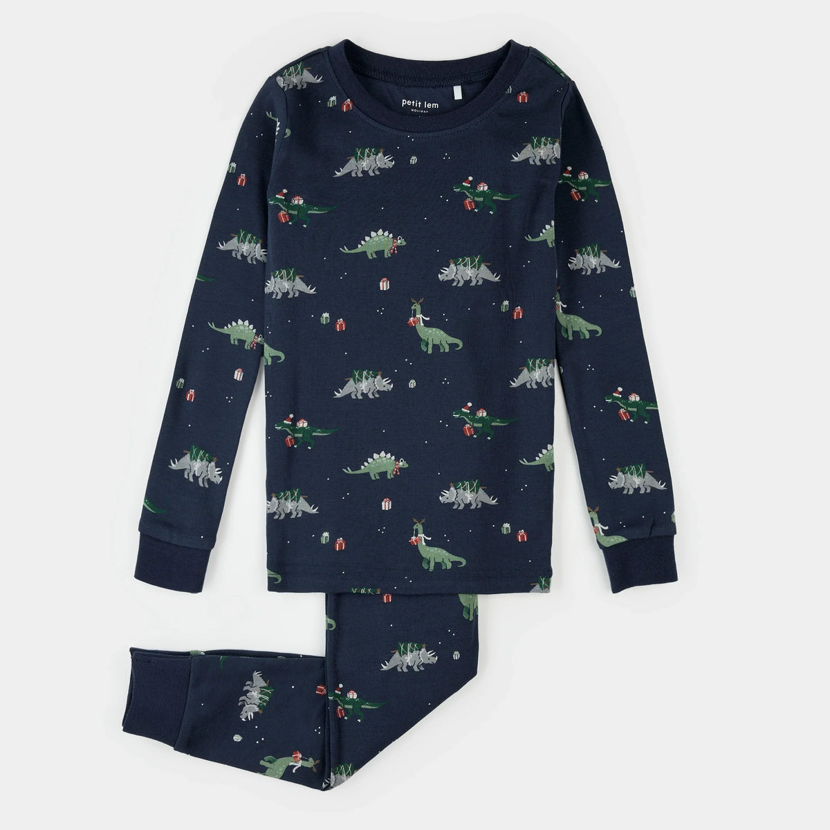 PJ Set | Holiday Dinosaur Print on Navy | Petit Lem