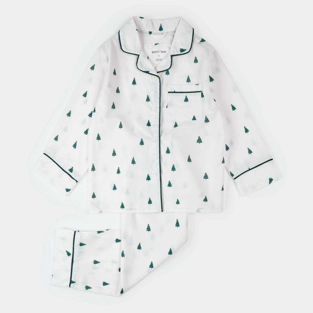 Poplin PJ Set | Pine Tree Print on Off-White | Petit Lem
