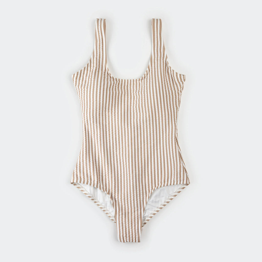 Women's One-Piece Swimsuit | Taupe Stripe Seersucker | Petit Lem