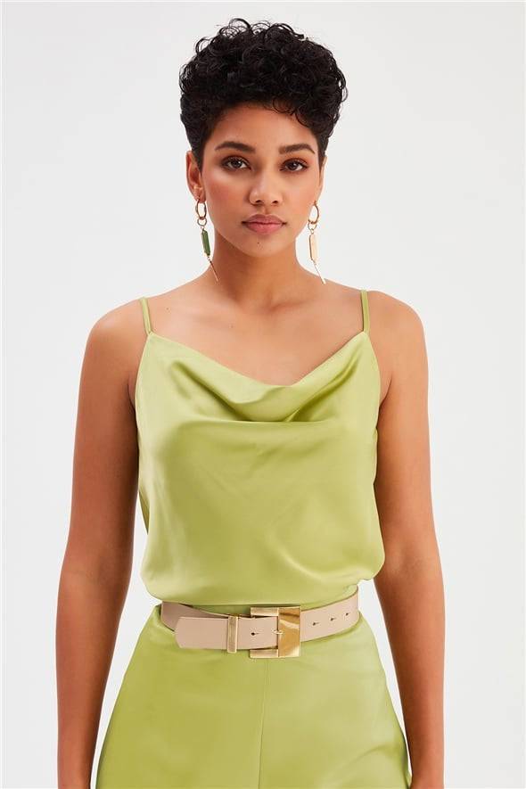 Plunging Neck Satin Cami Top- Olive