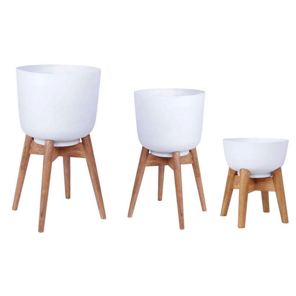 Sita - Mid-Century Turned Wood Leg Planter White (Multiple Sizes)