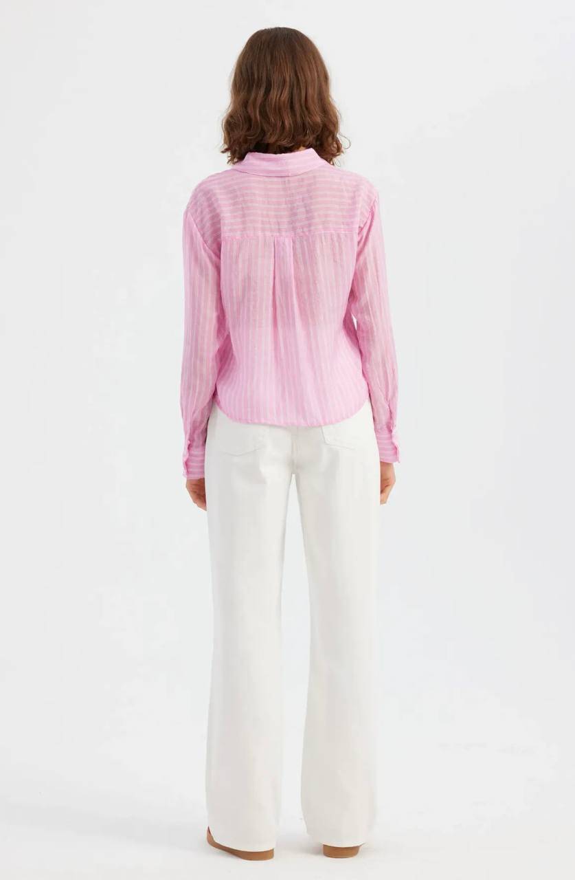 Cotton Stripe Crop Shirt - pink