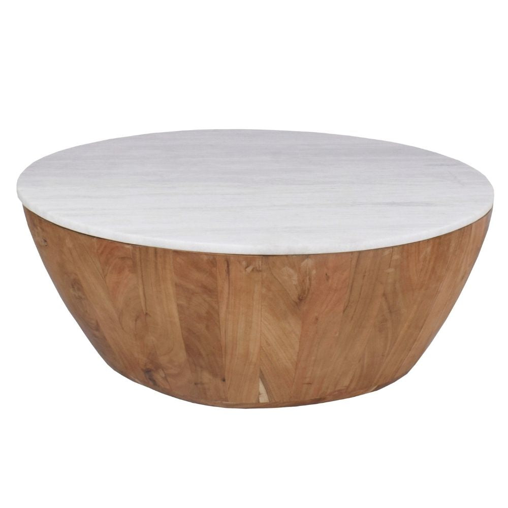 Cecile Mango Wood Drum Coffee Table With Marble Top