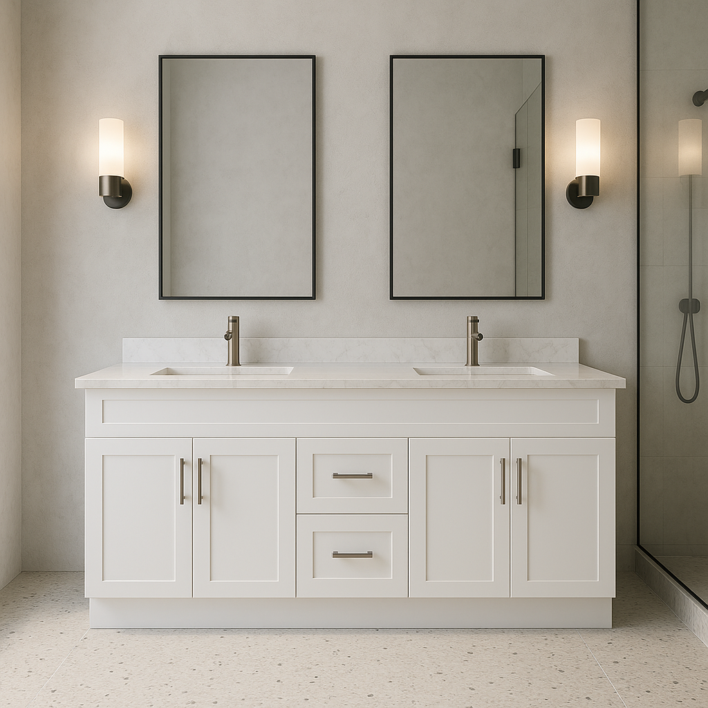 60-Inch Double Sink Shaker Bathroom Vanity — White or Gray | Plywood Cabinet, Solid-Wood Doors, Soft-Close 3-Way Clip-On Hinges | Center Drawers