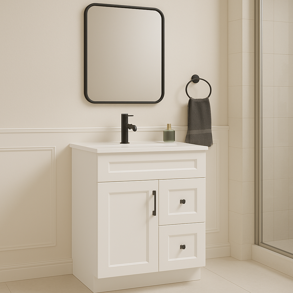 30-Inch Shaker Bathroom Vanity with Drawers — Left or Right | White or Gray | Plywood Cabinet, Solid-Wood Door, Soft-Close 3-Way Clip-On Hinges