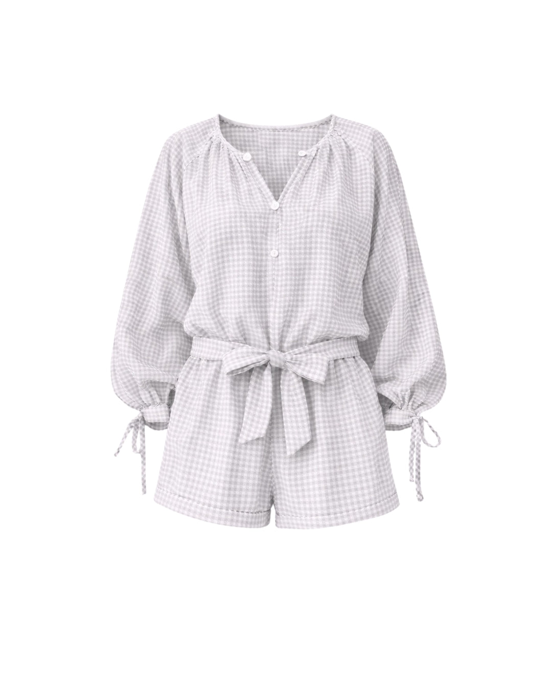 Tawny - Long Sleeve Button Front Belted Romper In Blue Gingham