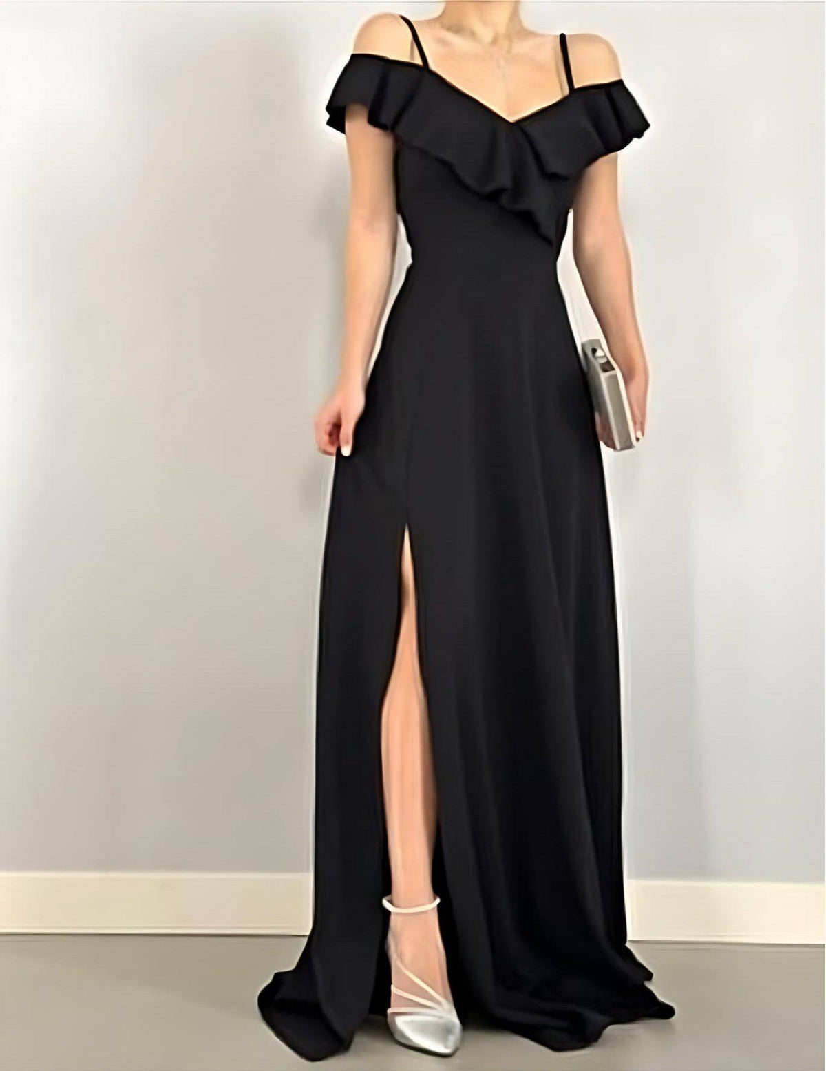 Off-Shoulder Maxi Dress with Spaghetti Straps and Long Slit - Black