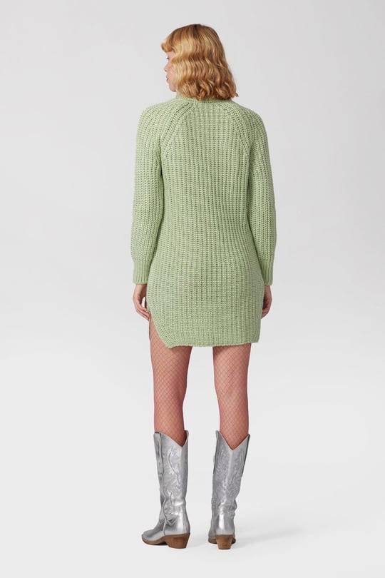 Turtle Neck Knit Jumper Mini Dress with Side Slits - Mint