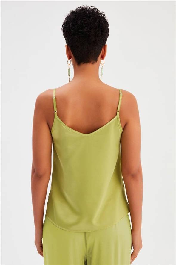 Plunging Neck Satin Cami Top- Olive