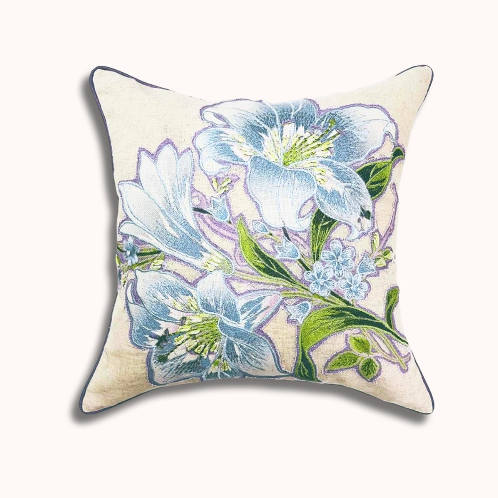 16x16" Embroidered Floral Square Pillow Cover – Cotton Front, Paper Silk Back
