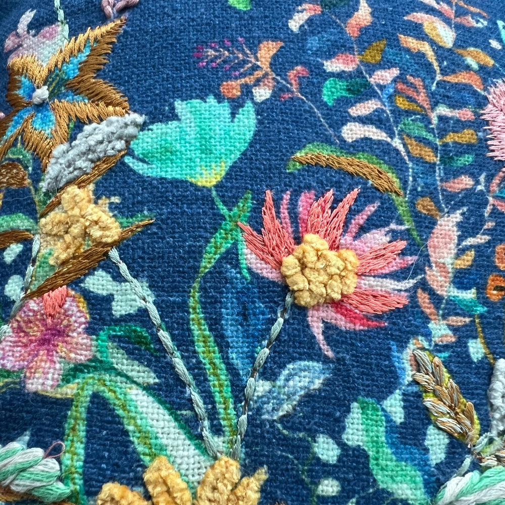 16x16" Blue Floral Embroidered Pillow Cover – Multi-Color Border, Paper Silk Back