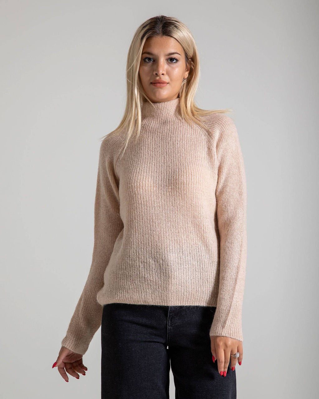Turtleneck Long Sleeve Mohair Sweater - Beige