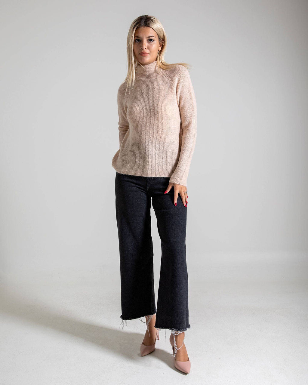 Turtleneck Long Sleeve Mohair Sweater - Beige