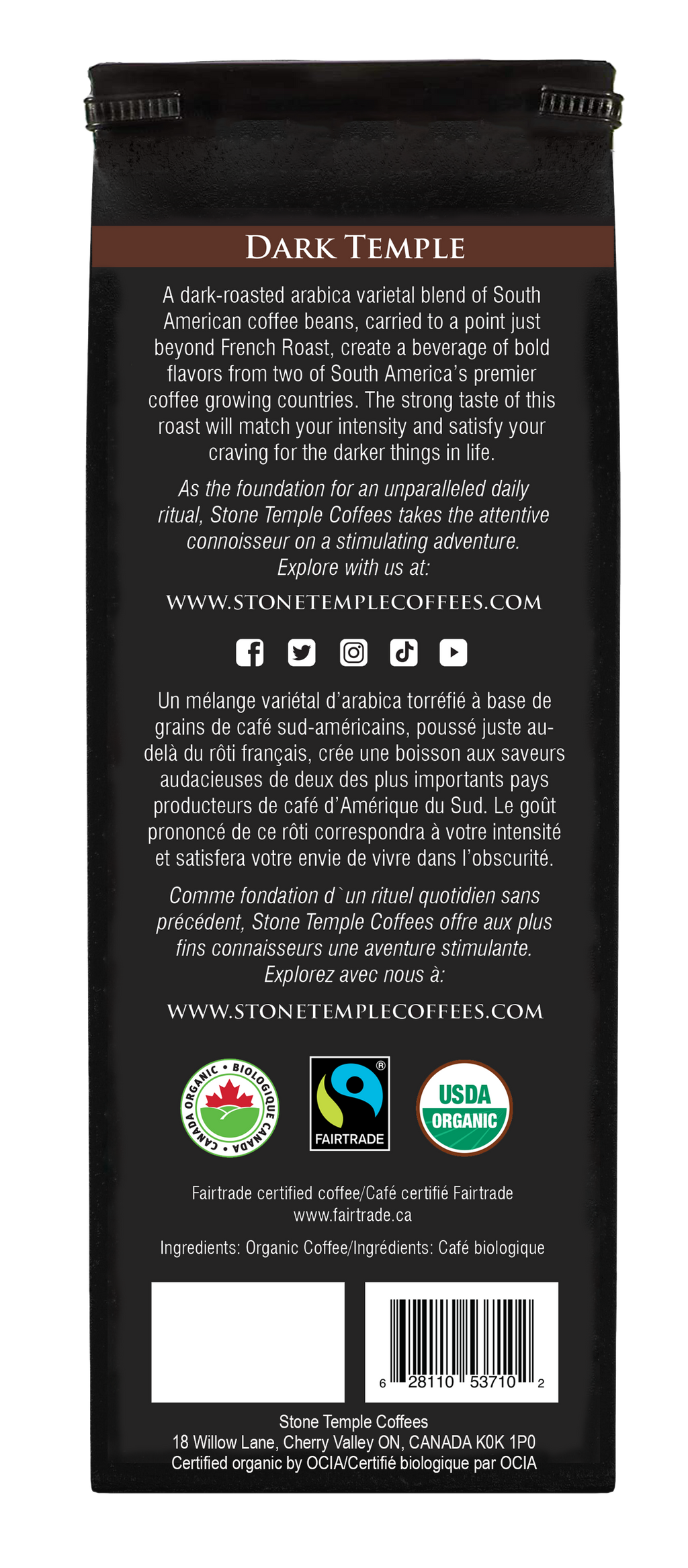Dark Temple - Whole Bean, Dark French Roast, Certified Organic OCIA/ Fairtrade Coffee 1lb/ 454g
