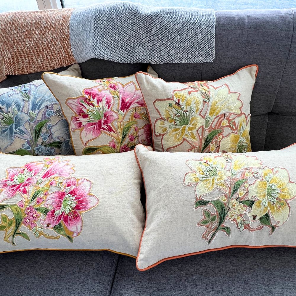 12x20" Embroidered Floral Lumbar Pillow Cover – Cotton Front, Paper Silk Back
