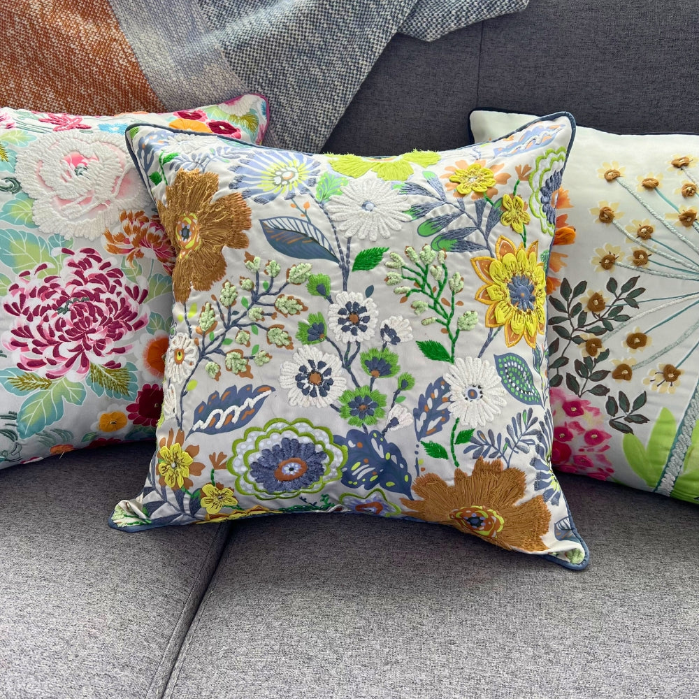 16x16" Hand Embroidered Floral Pillow Cover – Paper Silk Back, Square Decorative Accent
