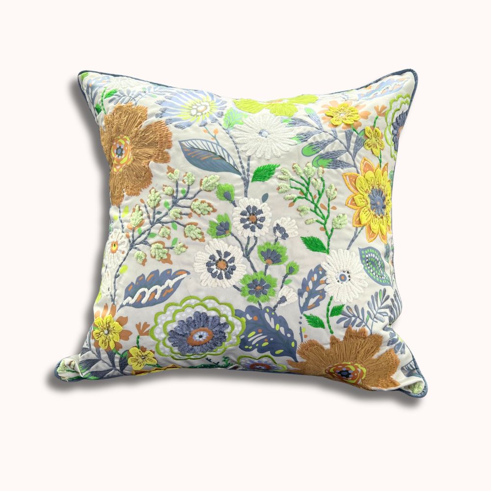 16x16" Hand Embroidered Floral Pillow Cover – Paper Silk Back, Square Decorative Accent