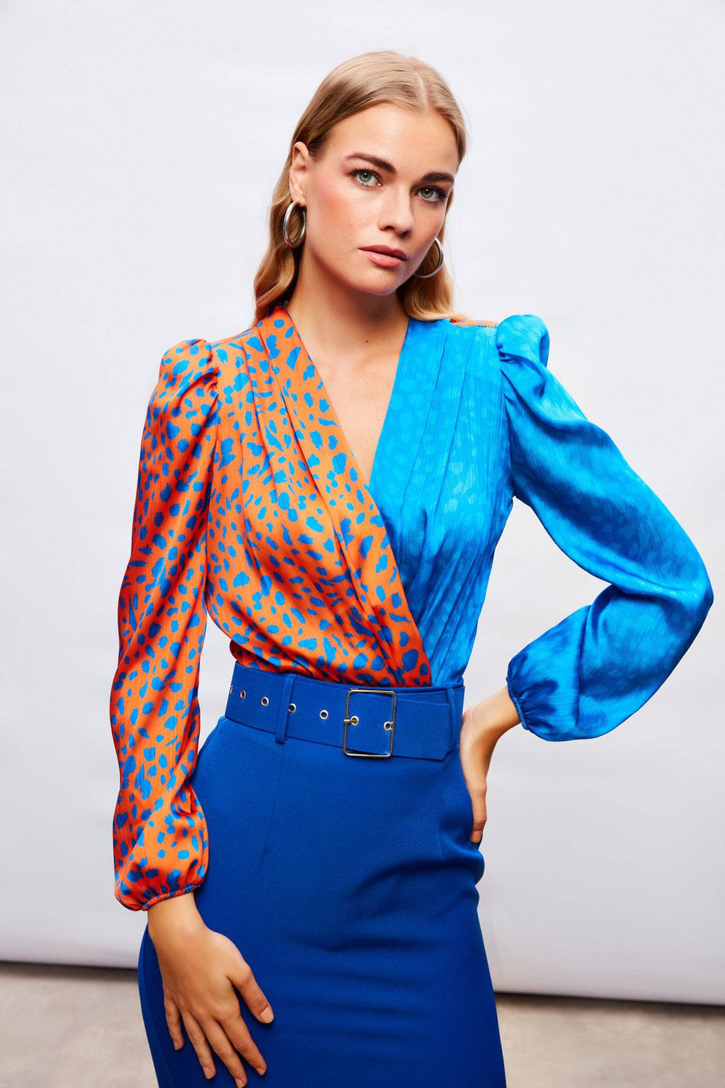 Silk Double-Breasted Patterned Bodysuit -  Blue and Orange