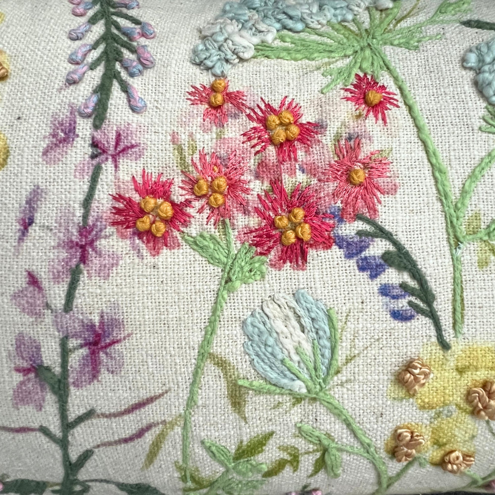 12x20" Embroidered Wildflower Lumbar Pillow – Cotton Front, Paper Silk Back