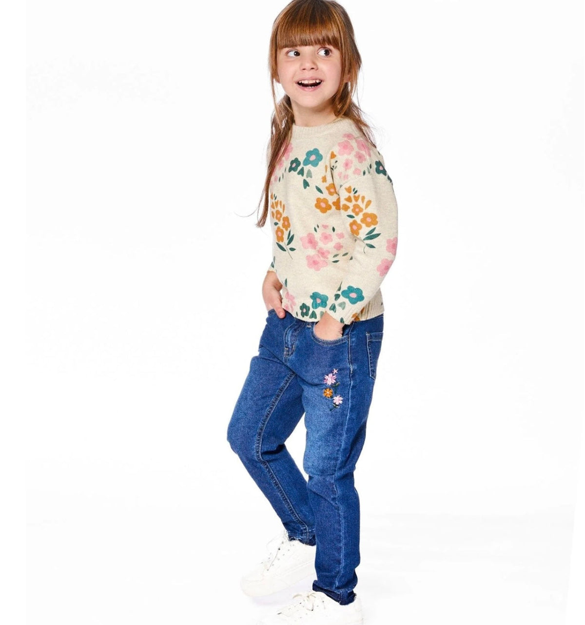 Denim With Frayed Hems And Floral Embroideries | Blue | Deux Par Deux