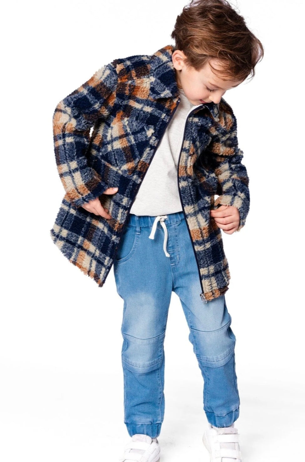 Sherpa Over-shirt  | Navy & Brown Plaid | Deux Par Deux