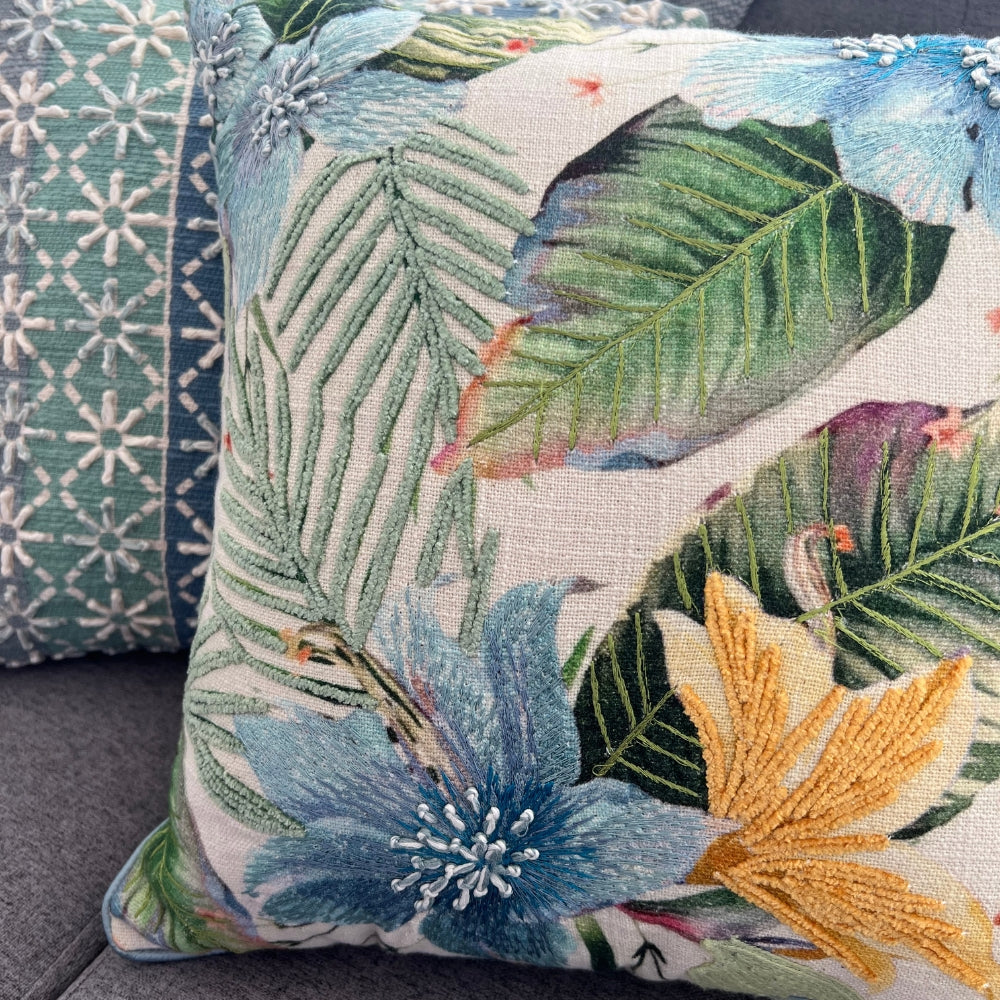 16x16" Blue & Green Embroidered Floral Pillow Cover – Botanical Garden Design, Square Accent