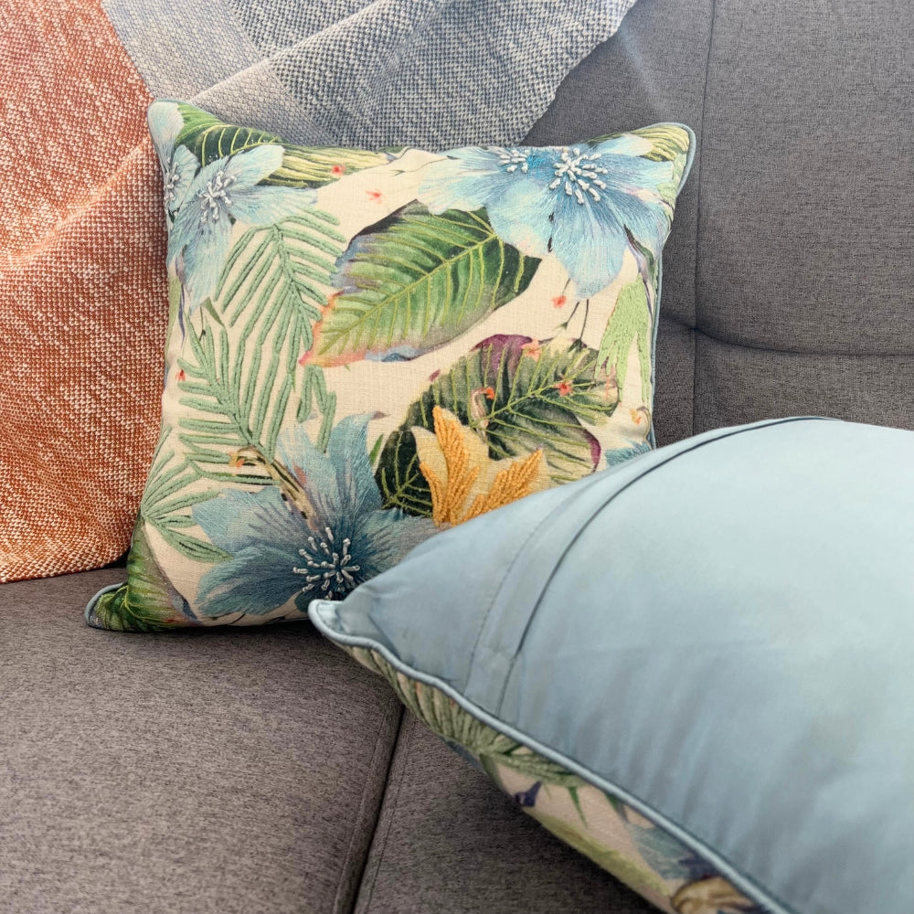 16x16" Blue & Green Embroidered Floral Pillow Cover – Botanical Garden Design, Square Accent