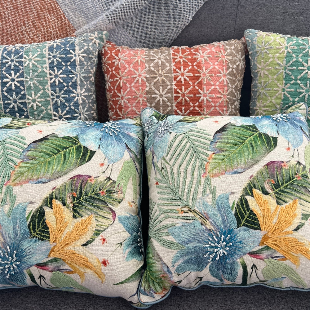 16x16" Blue & Green Embroidered Floral Pillow Cover – Botanical Garden Design, Square Accent