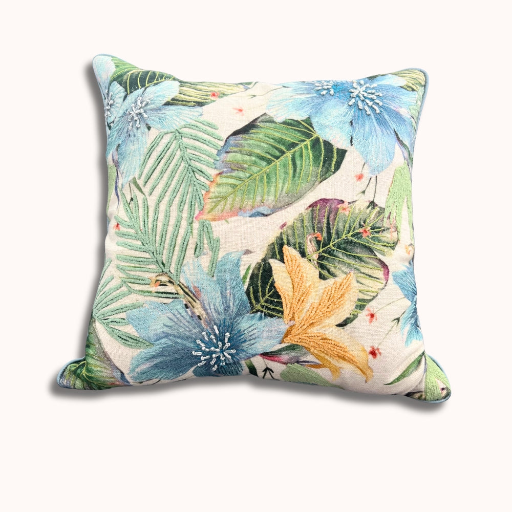 16x16" Blue & Green Embroidered Floral Pillow Cover – Botanical Garden Design, Square Accent