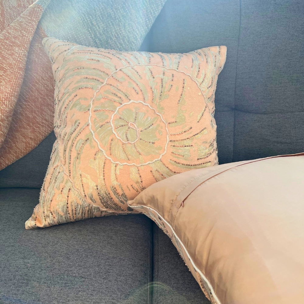 18x18" Blush Pink Velvet Pillow Cover – Gold Swirl Embroidery & Beads, Paper Silk Back