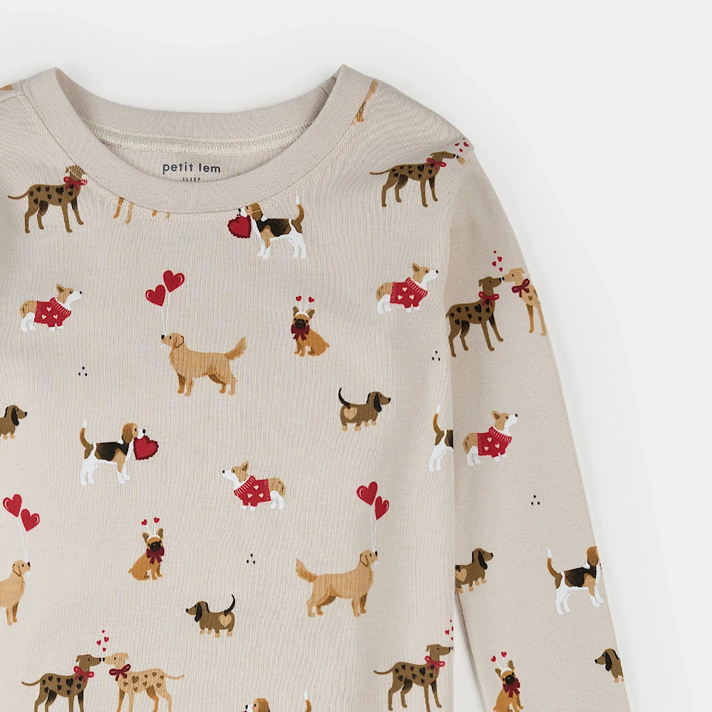 Puppy Love Print on Beige PJ Set | Petit Lem