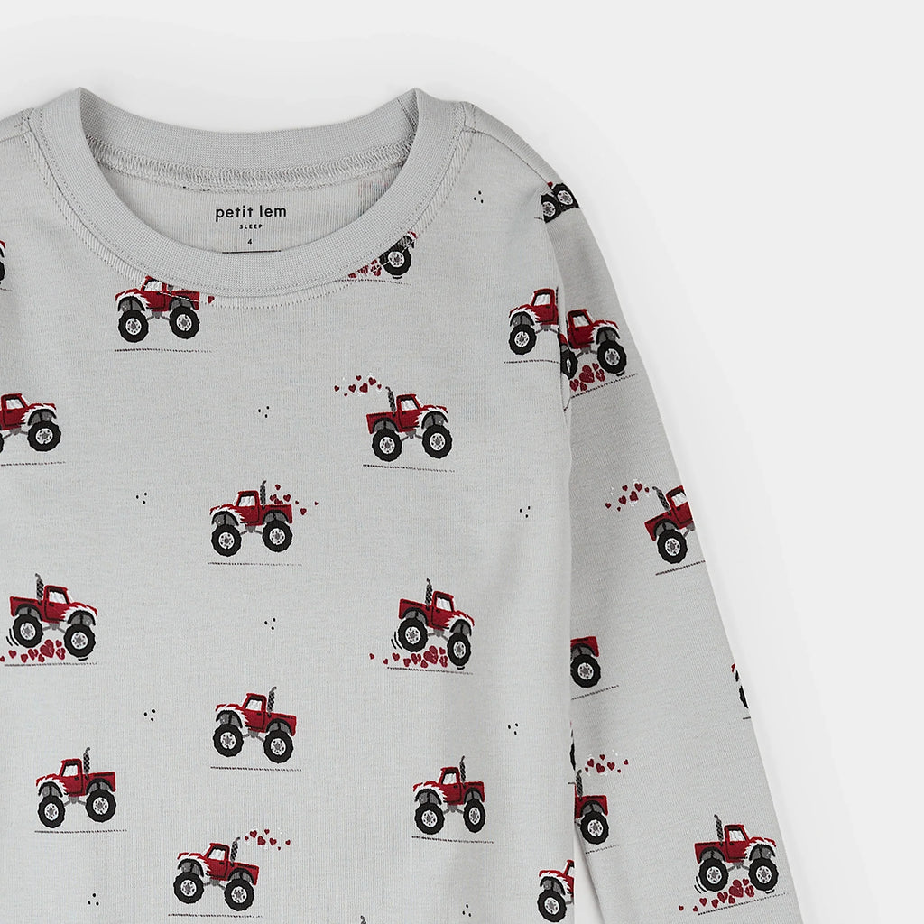 Monster Truck Love Print on Lunar Rock PJ Set | Petit Lem