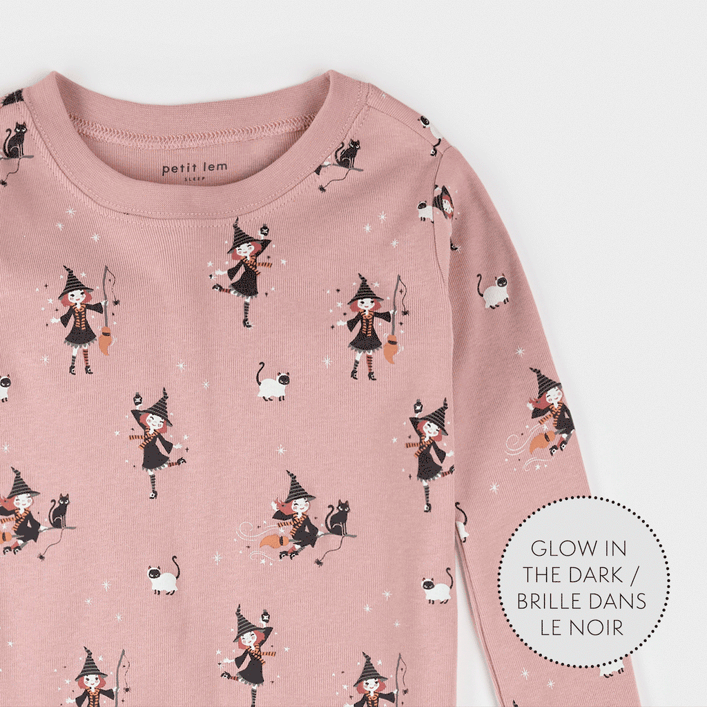 Witch Glow in the Dark Print on Pink PJ Set | Petit Lem