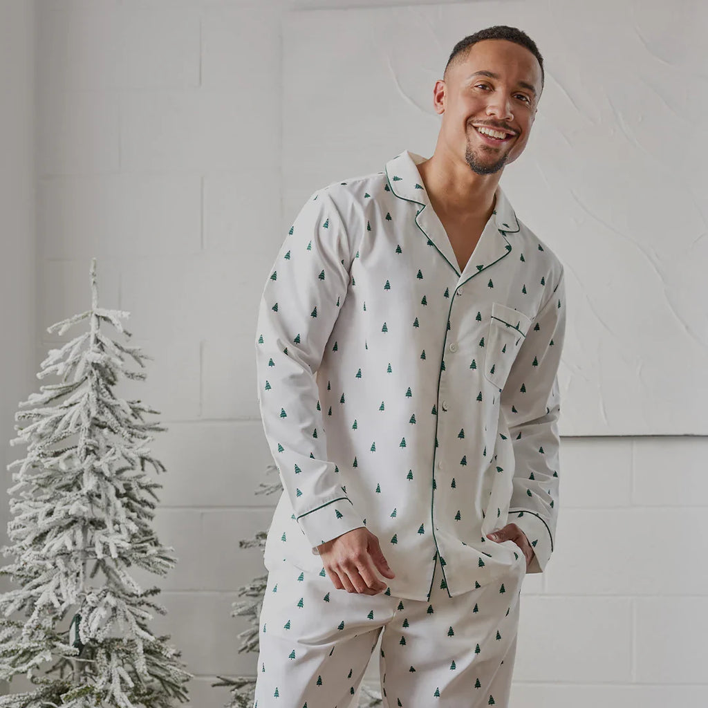 Men 2pc Poplin PJ Set | Pine Tree Print on Off-White | Petit Lem