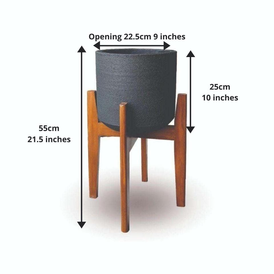 Neri Black Mid- Century Cement Planter With Wooden Stand