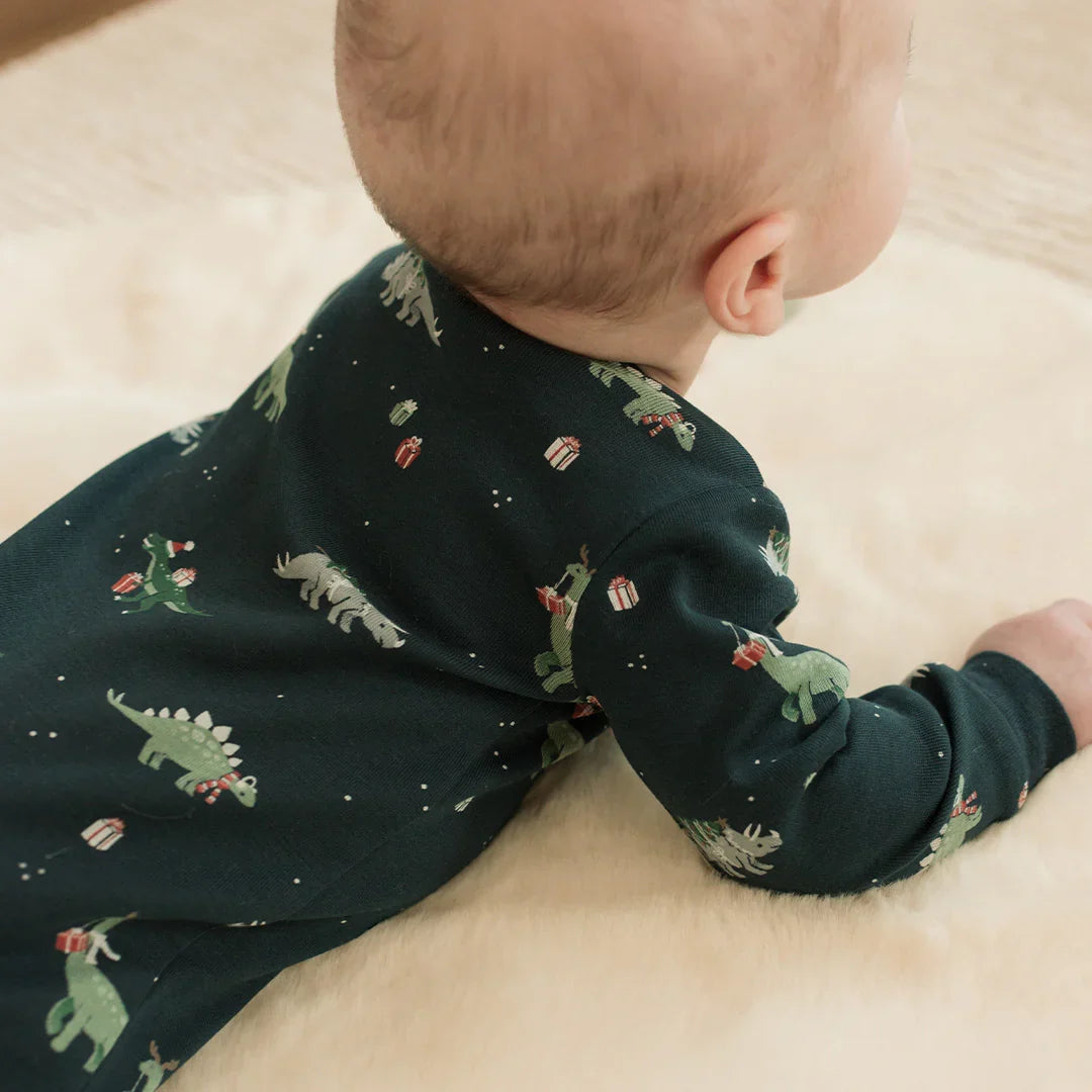 Footed Sleeper | Holiday Dinosaur Print on Navy | Petit Lem