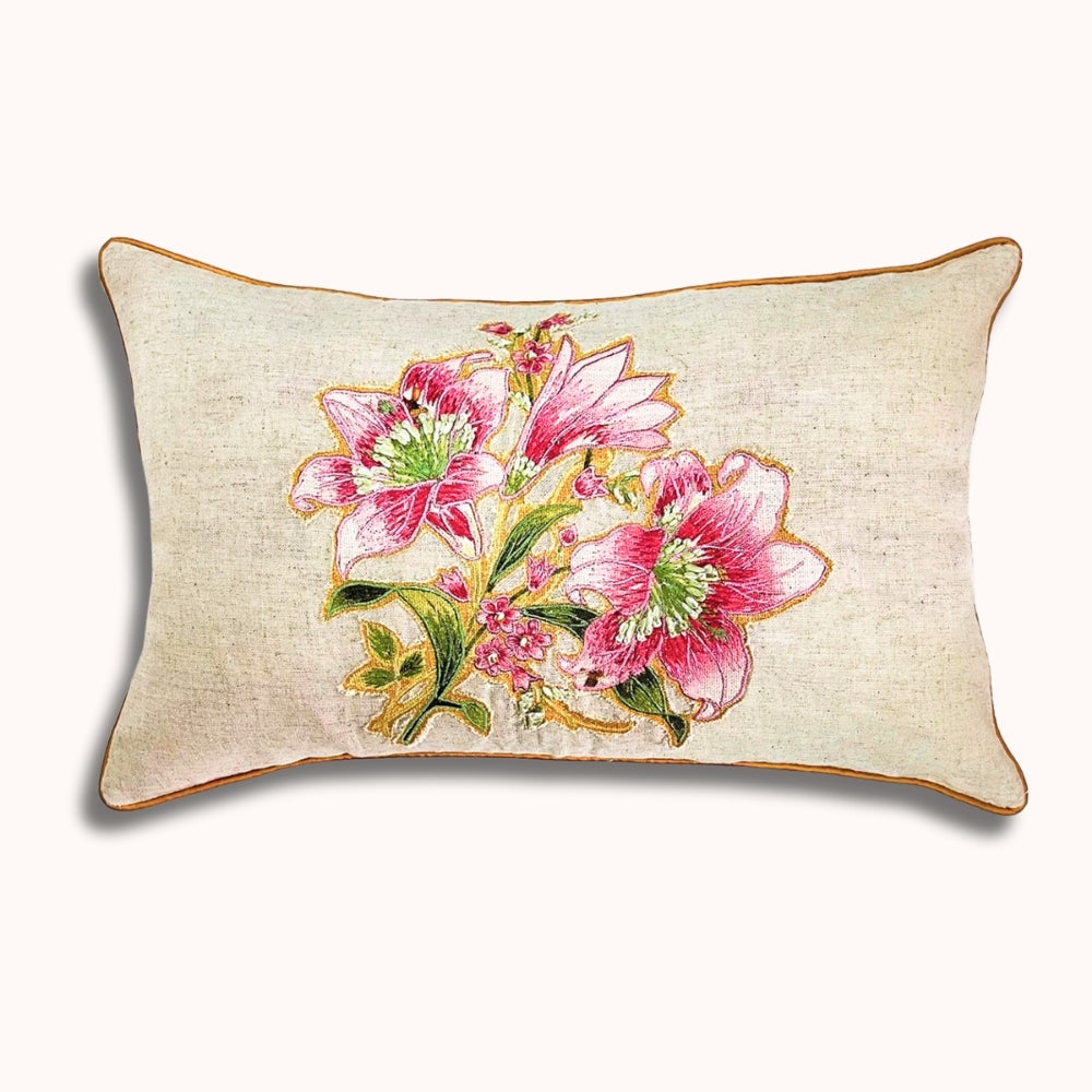 12x20" Embroidered Floral Lumbar Pillow Cover – Cotton Front, Paper Silk Back