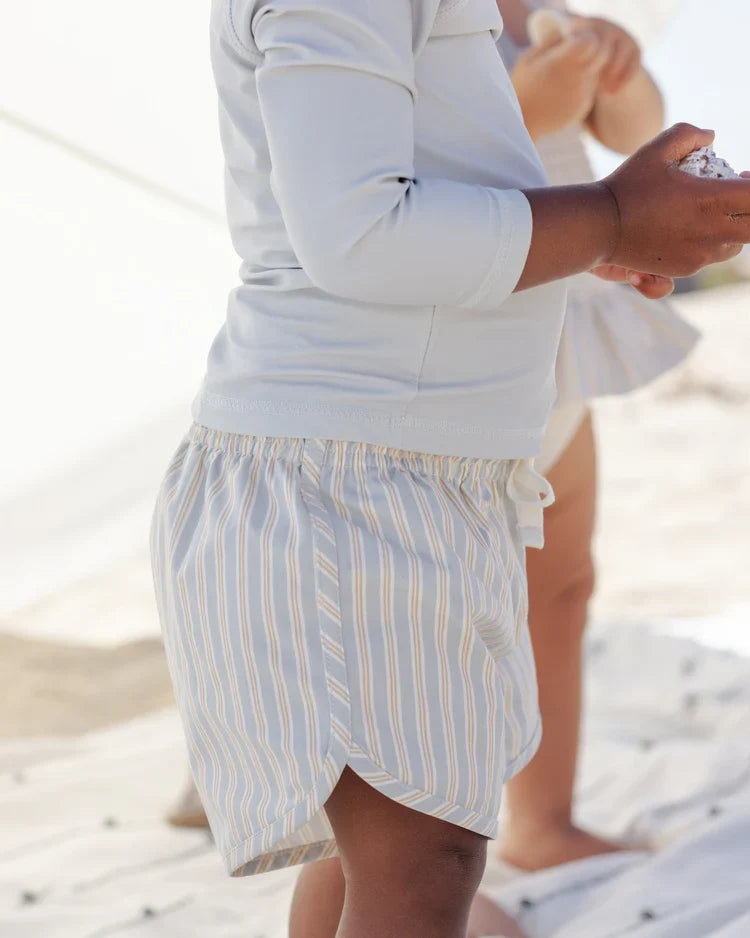 Boys Swim Short | Blue + Butterscotch Stripe | Quincy Mae