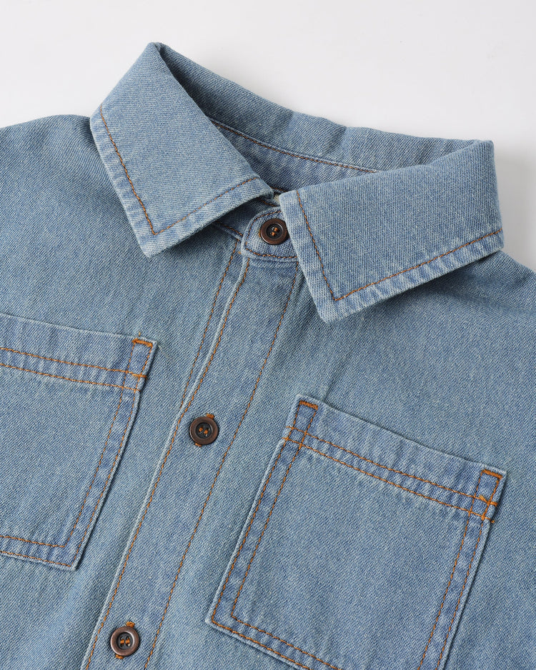 Denim Short Sleeve Overshirt | Washed  Blue | Rylee & Cru