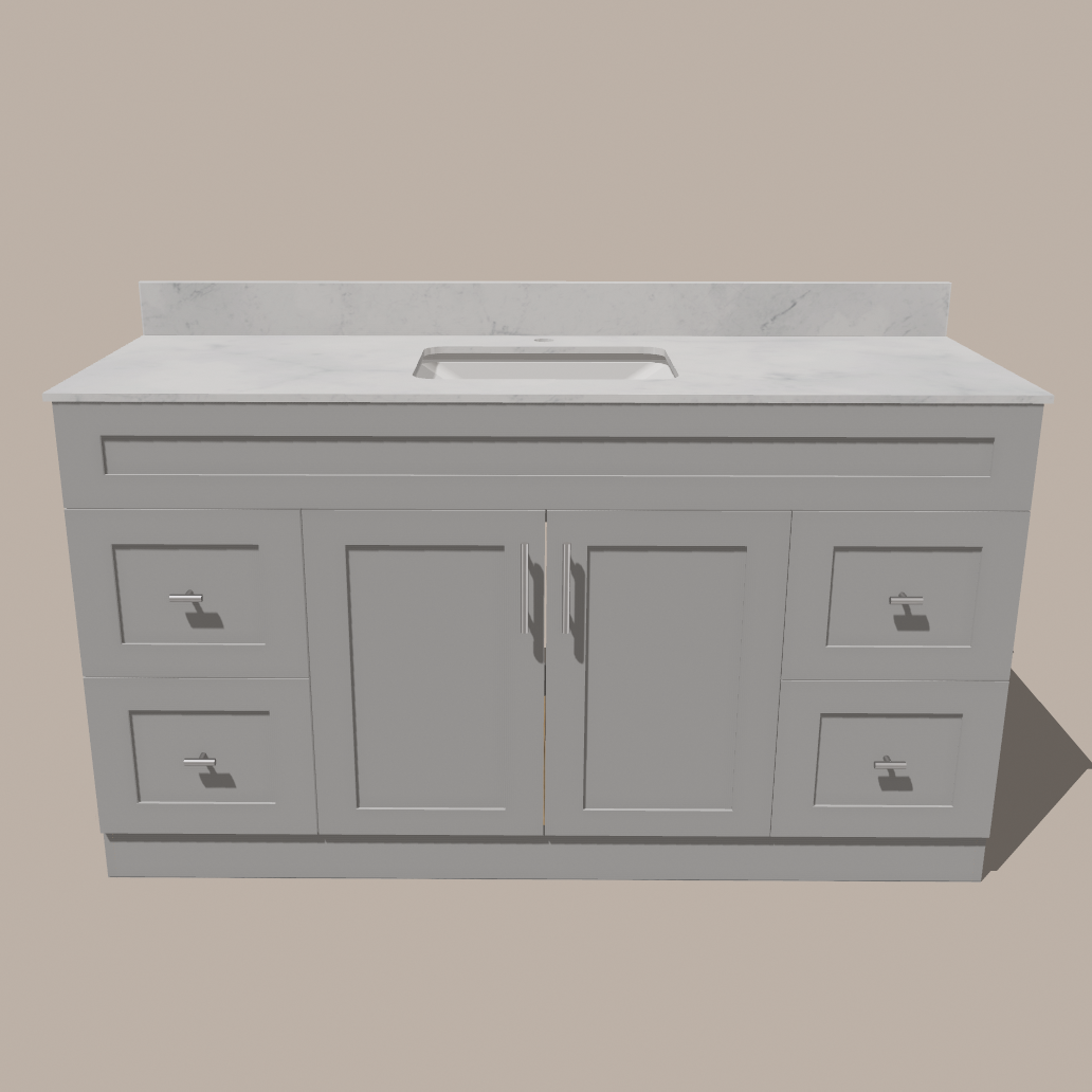 60-Inch Single Sink Shaker Bathroom Vanity — White or Gray | Plywood Cabinet, Solid-Wood Doors, Soft-Close 3-Way Clip-On Hinges | 4 Drawers, Center Double Doors