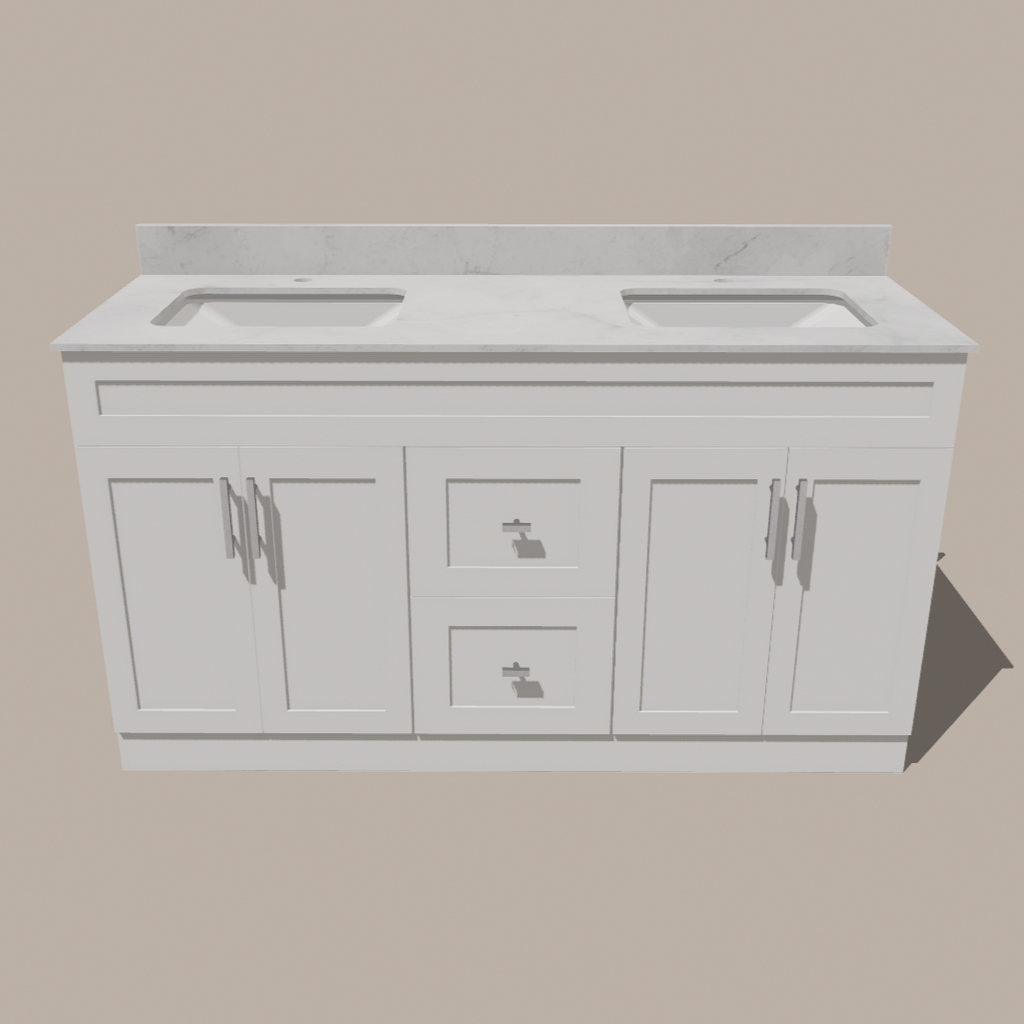 72-Inch Double Sink Shaker Bathroom Vanity — White or Gray | Plywood Cabinet, Solid-Wood Doors, Soft-Close 3-Way Clip-On Hinges | Center 2 Drawers