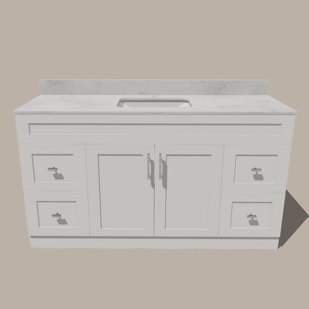 60-Inch Single Sink Shaker Bathroom Vanity — White or Gray | Plywood Cabinet, Solid-Wood Doors, Soft-Close 3-Way Clip-On Hinges | 4 Drawers, Center Double Doors
