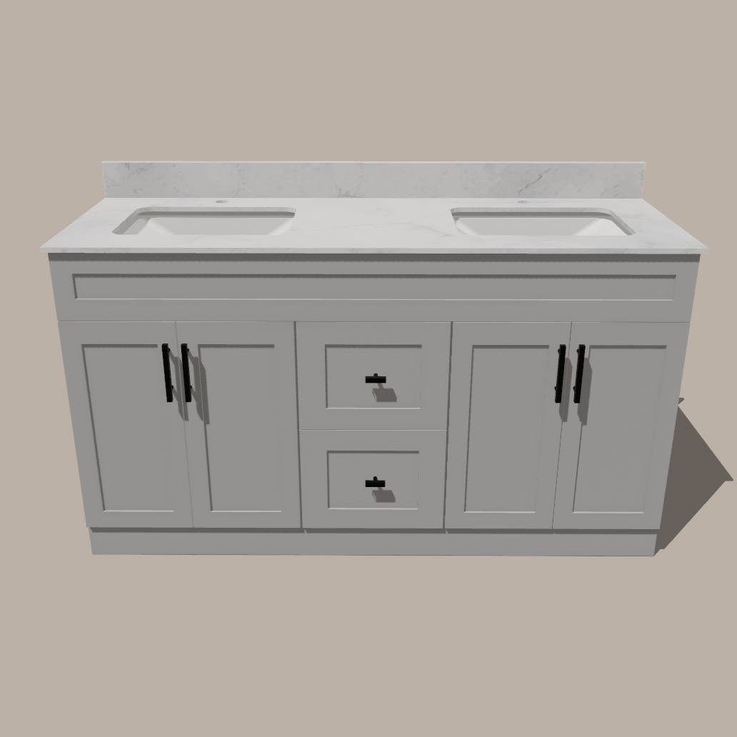 72-Inch Double Sink Shaker Bathroom Vanity — White or Gray | Plywood Cabinet, Solid-Wood Doors, Soft-Close 3-Way Clip-On Hinges | Center 2 Drawers