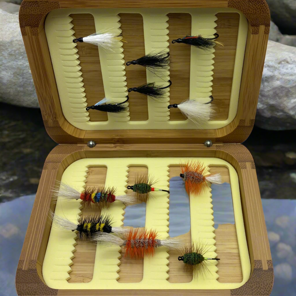 Fly Fishing Kit, Atlantic Salmon Flies, Mixed Wet Flies and Bugs & Bombers, with Bamboo Flybox