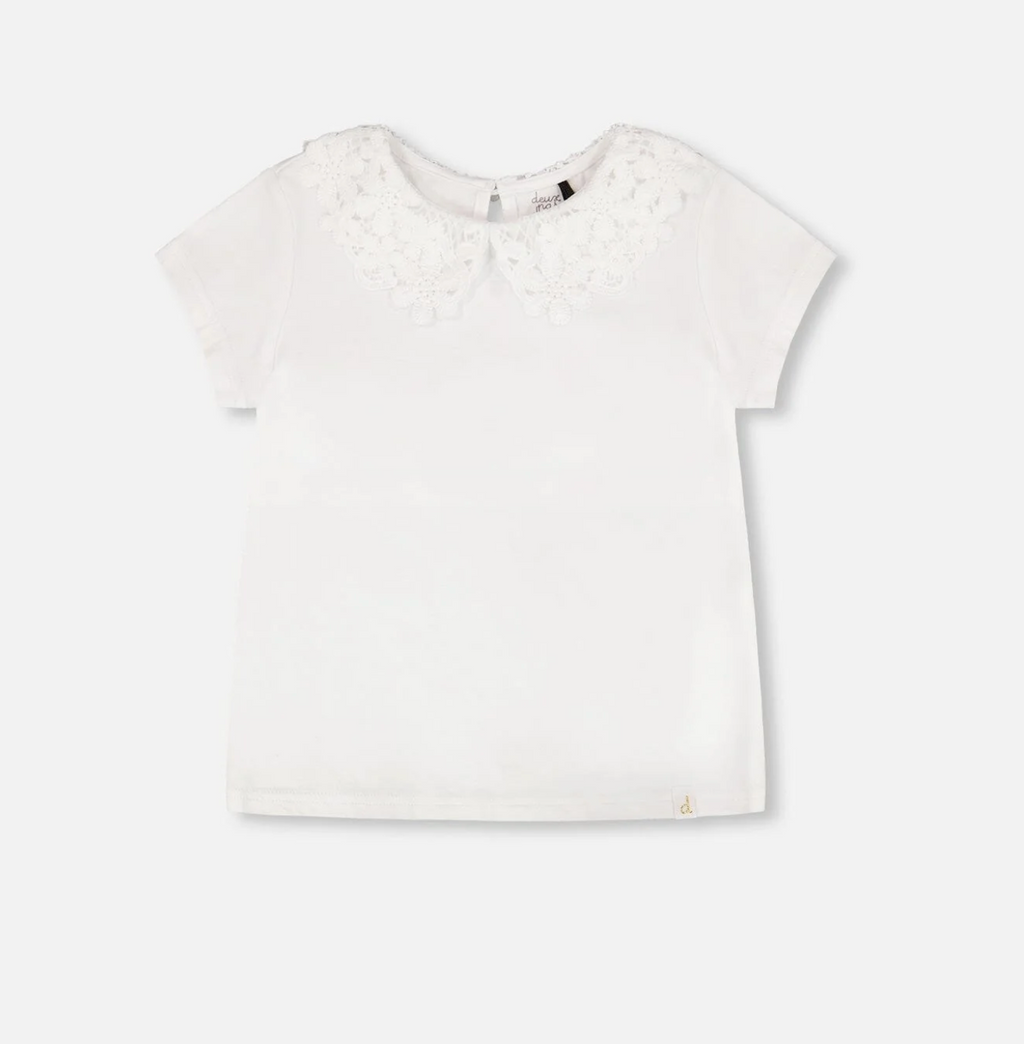 T-Shirt with Crochet Peter Pan Collar | White | Deux par Deux
