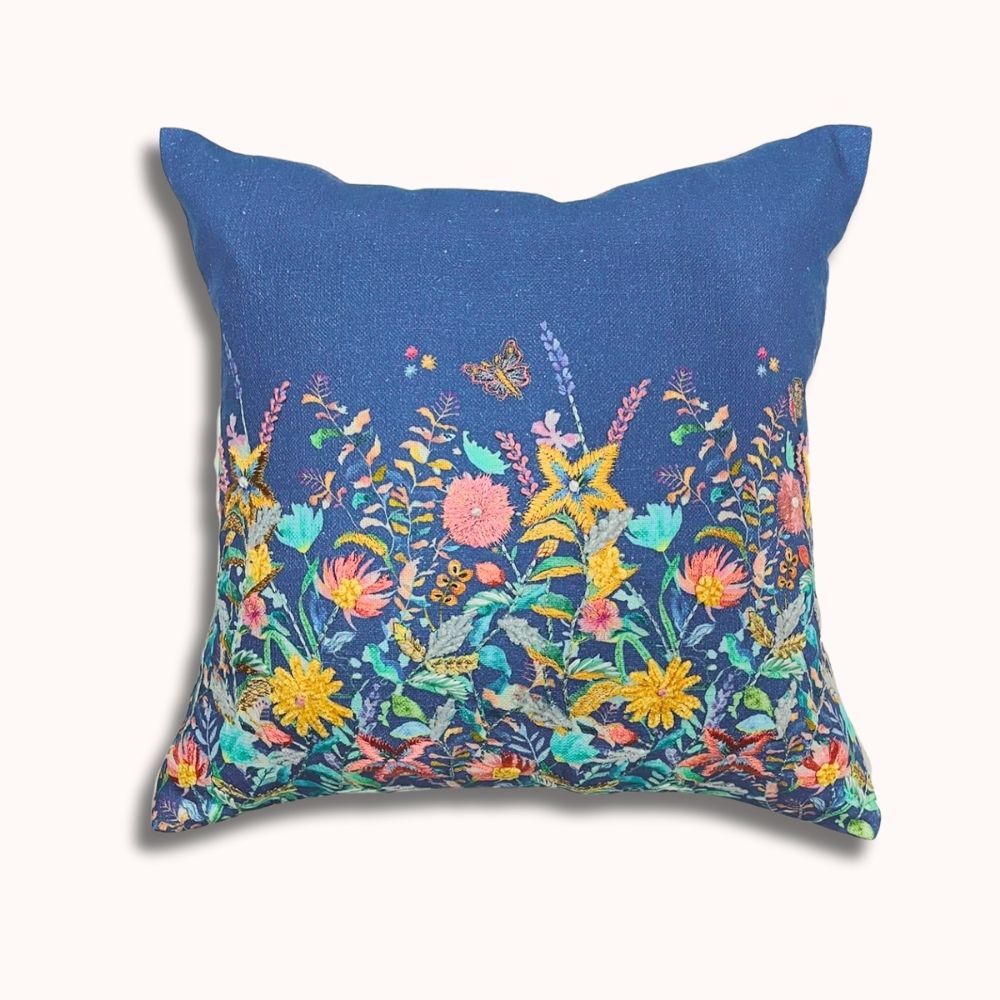 16x16" Blue Floral Embroidered Pillow Cover – Multi-Color Border, Paper Silk Back