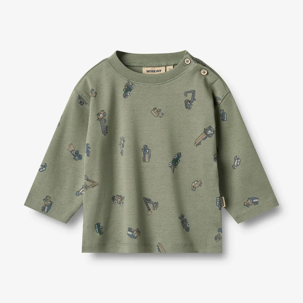 L/S Malthe T-Shirt | Dusty Green Cars | Wheat Kids