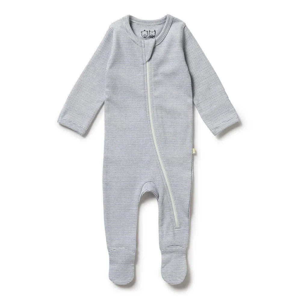 Organic Stripe Rib Zipsuit with Feet | Rain Drop | Wilson + Frenchy